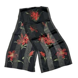 Vintage Jacqueline Ferrar Silk Scarf Black Red Green Floral Burnout Long Stripes